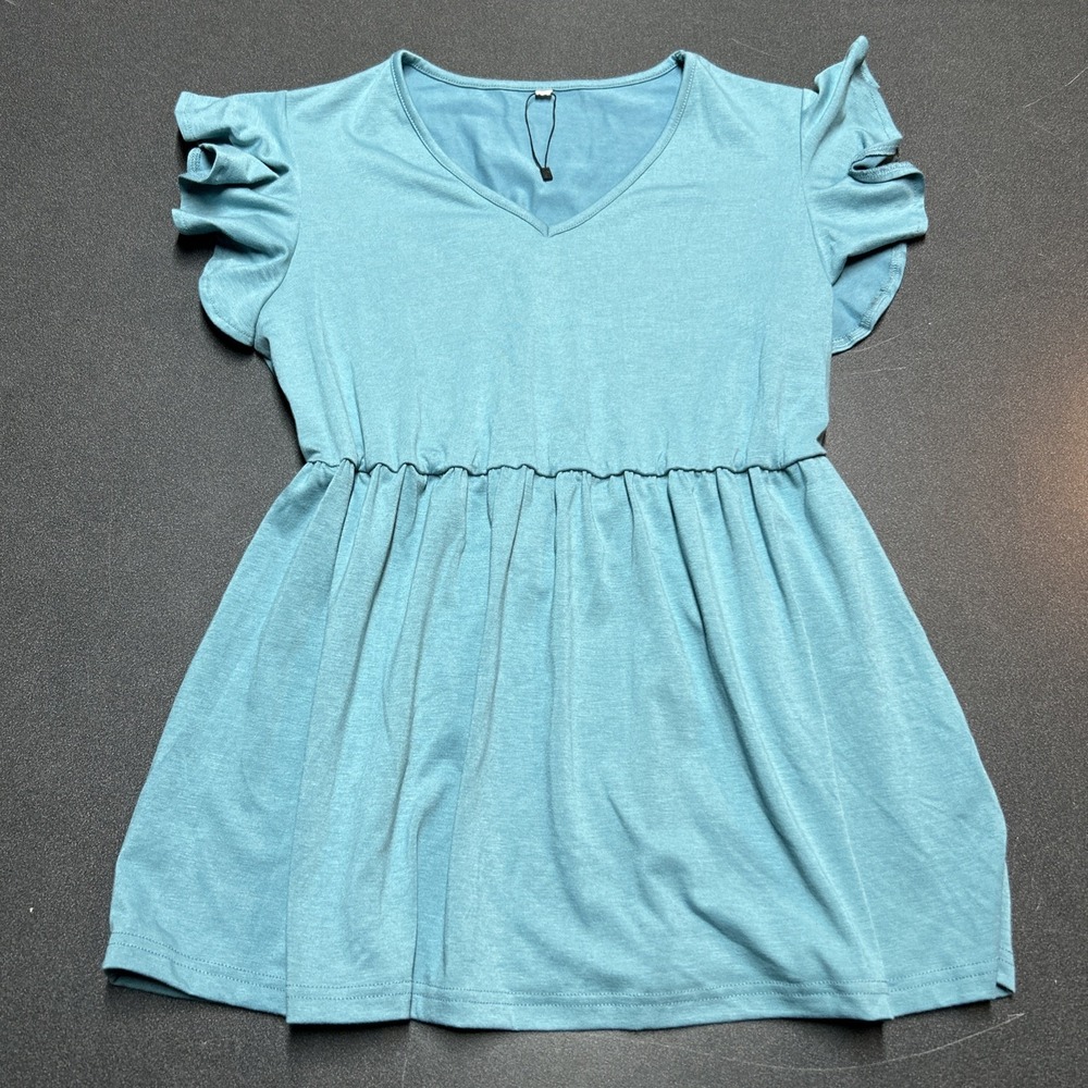 Women's Size M Short Sleeve Peplum Blouse Top Light Blue Career